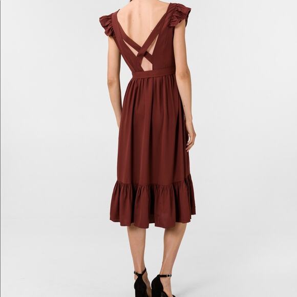 Vero Moda Odette Brown Ruffle Calf Dress NWT Sz M Women’s Polyester Tie Back - Picture 8 of 15